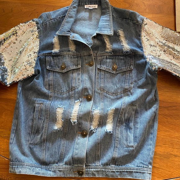 Distressed denim with sequined sleeves jacket - Picture 14 of 15